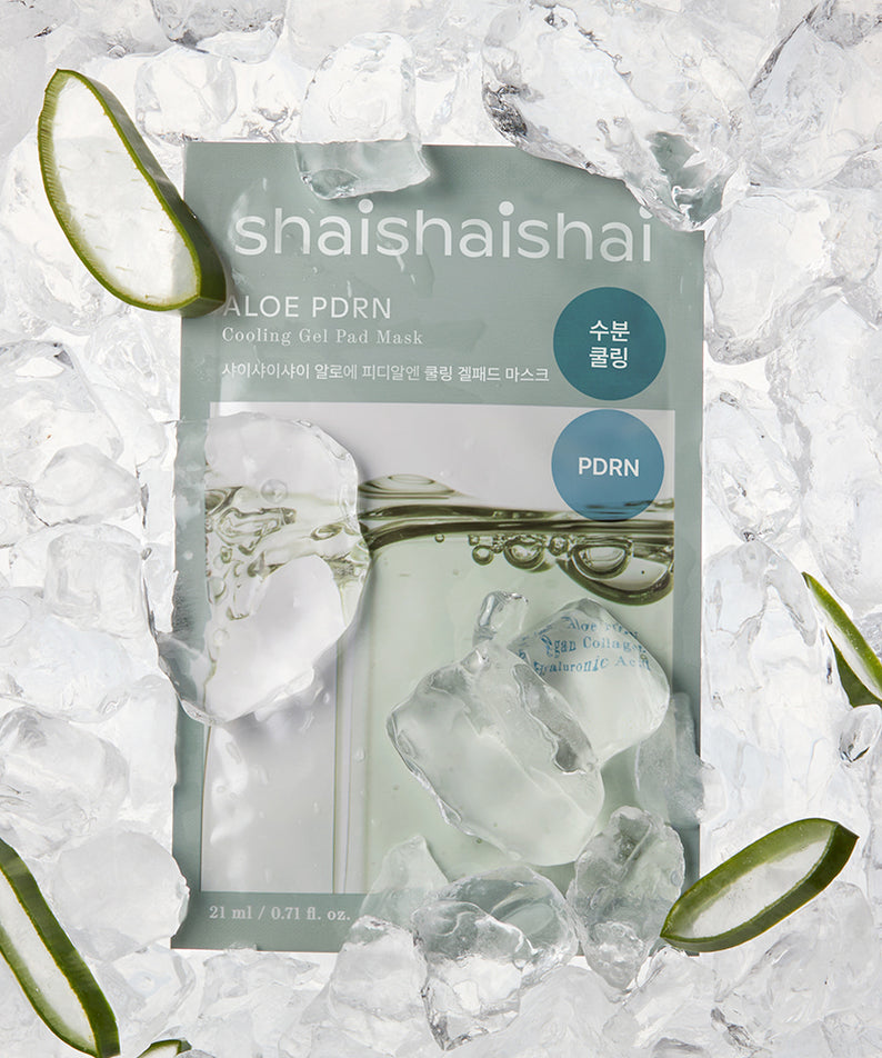 SHAISHAISHAI [10+10]Aloe PDRN Cooling Gel Pads Mask 10 Sheets, pack sur glace avec tranches d’aloe, ambiance fraîche.
