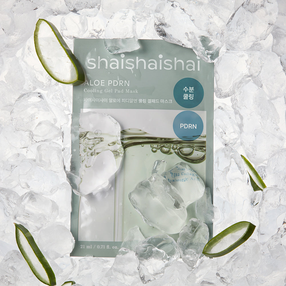 SHAISHAISHAI [10+10]Aloe PDRN Cooling Gel Pads Mask 10 Sheets, pack sur glace avec tranches d’aloe, ambiance fraîche.