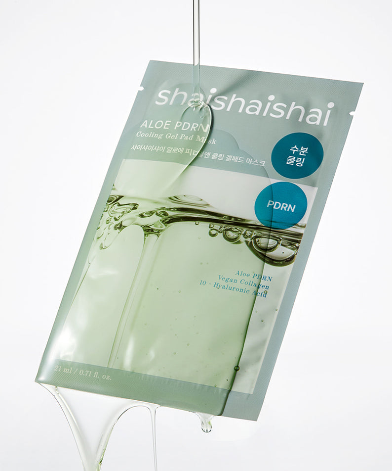 SHAISHAISHAI [10+10]Aloe PDRN Cooling Gel Pads Mask 10 Sheets, masques gel à l’aloe sur emballage vert