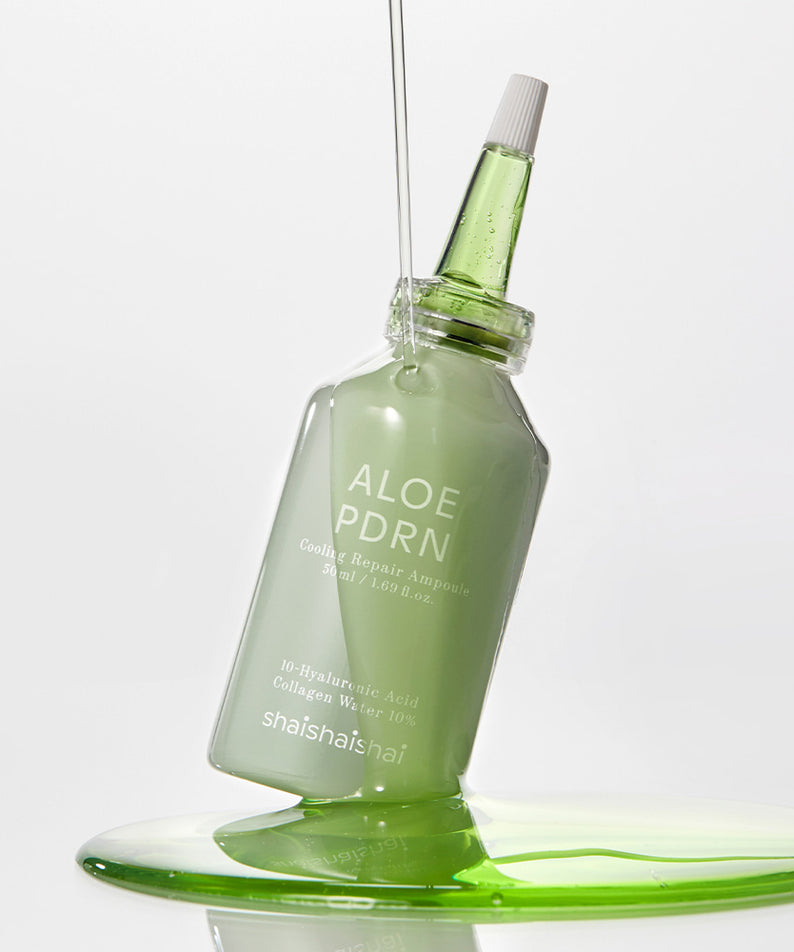 SHAISHAISHAI [1+1] Aloe PDRN Cooling Repair Ampoule 50ml : flacon vert aloe PDRN, marque sur packaging, fond blanc.