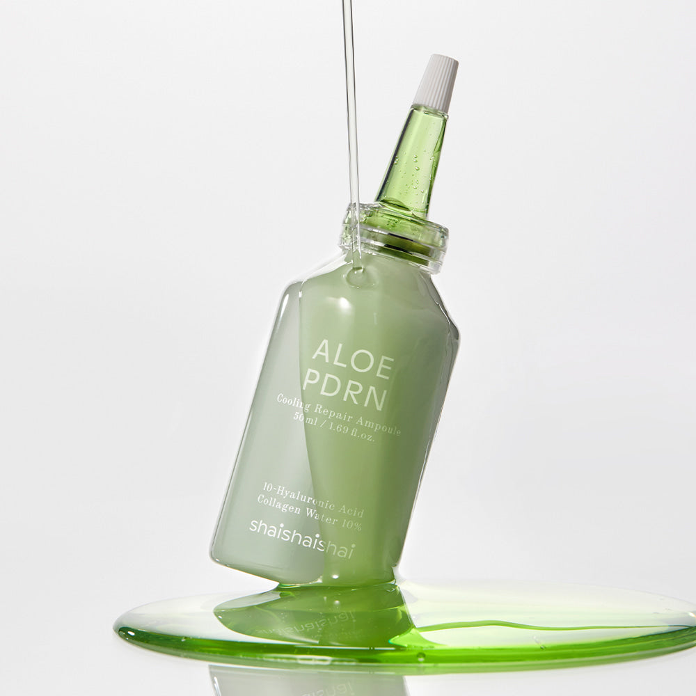 SHAISHAISHAI [1+1] Aloe PDRN Cooling Repair Ampoule 50ml : flacon vert aloe PDRN, marque sur packaging, fond blanc.