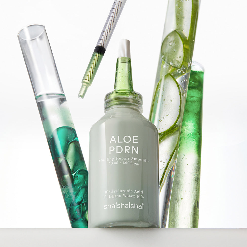 SHAISHAISHAI [1+1] Aloe PDRN Cooling Repair Ampoule 50ml, flacons et ampoules vertes avec gel, fond blanc