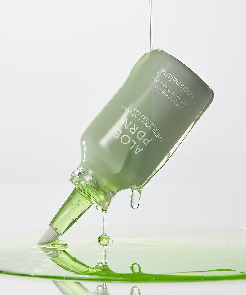 SHAISHAISHAI [1+1] Aloe PDRN Cooling Repair Ampoule 50ml, flacon vert sur fond blanc avec gel d’aloe illustratif.