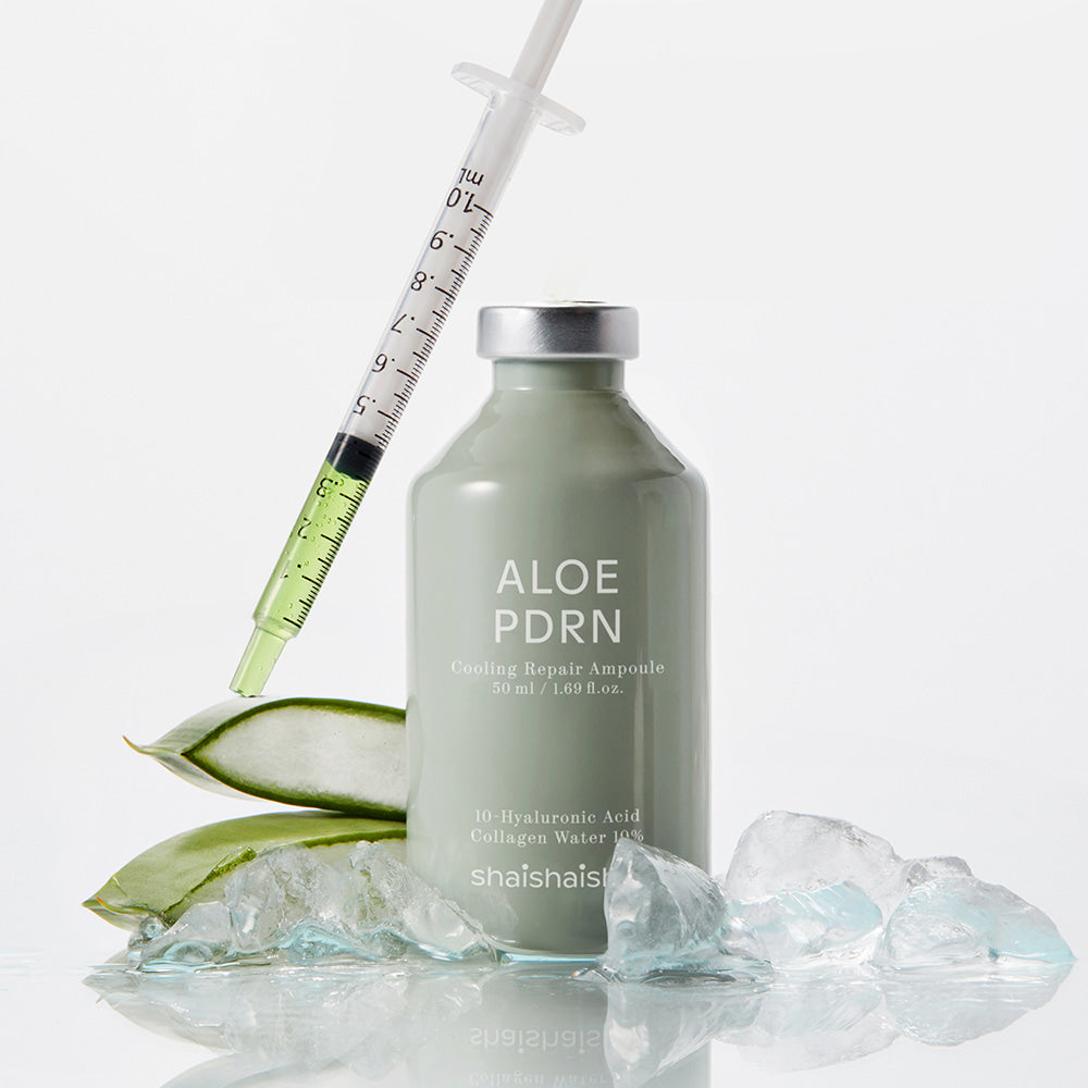 SHAISHAISHAI [1+1] Aloe PDRN Cooling Repair Ampoule 50ml, flacon avec aloe et seringue sur glaçons, visuel produit