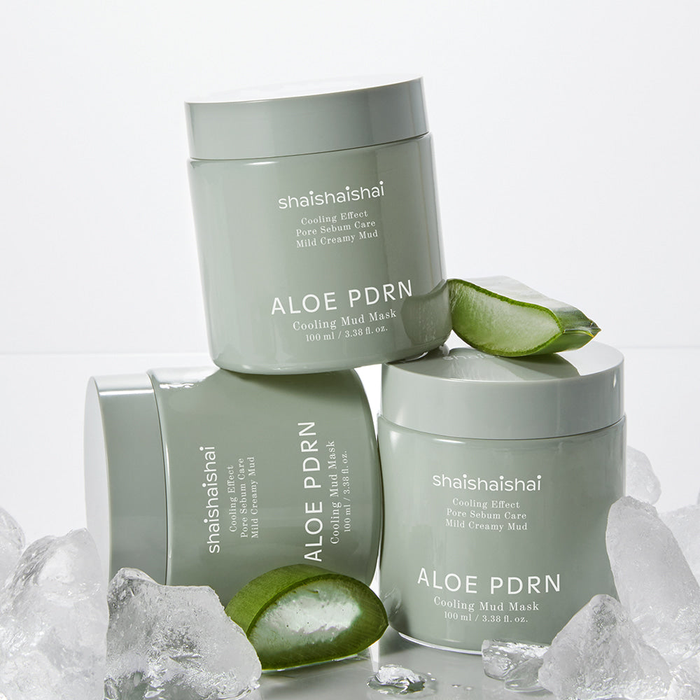 SHAISHAISHAI [1+1]Aloe PDRN Cooling Mud Mask 100ml, masque à l’aloe PDRN refroidissant avec pots verts sur fond blanc, aloe vera.