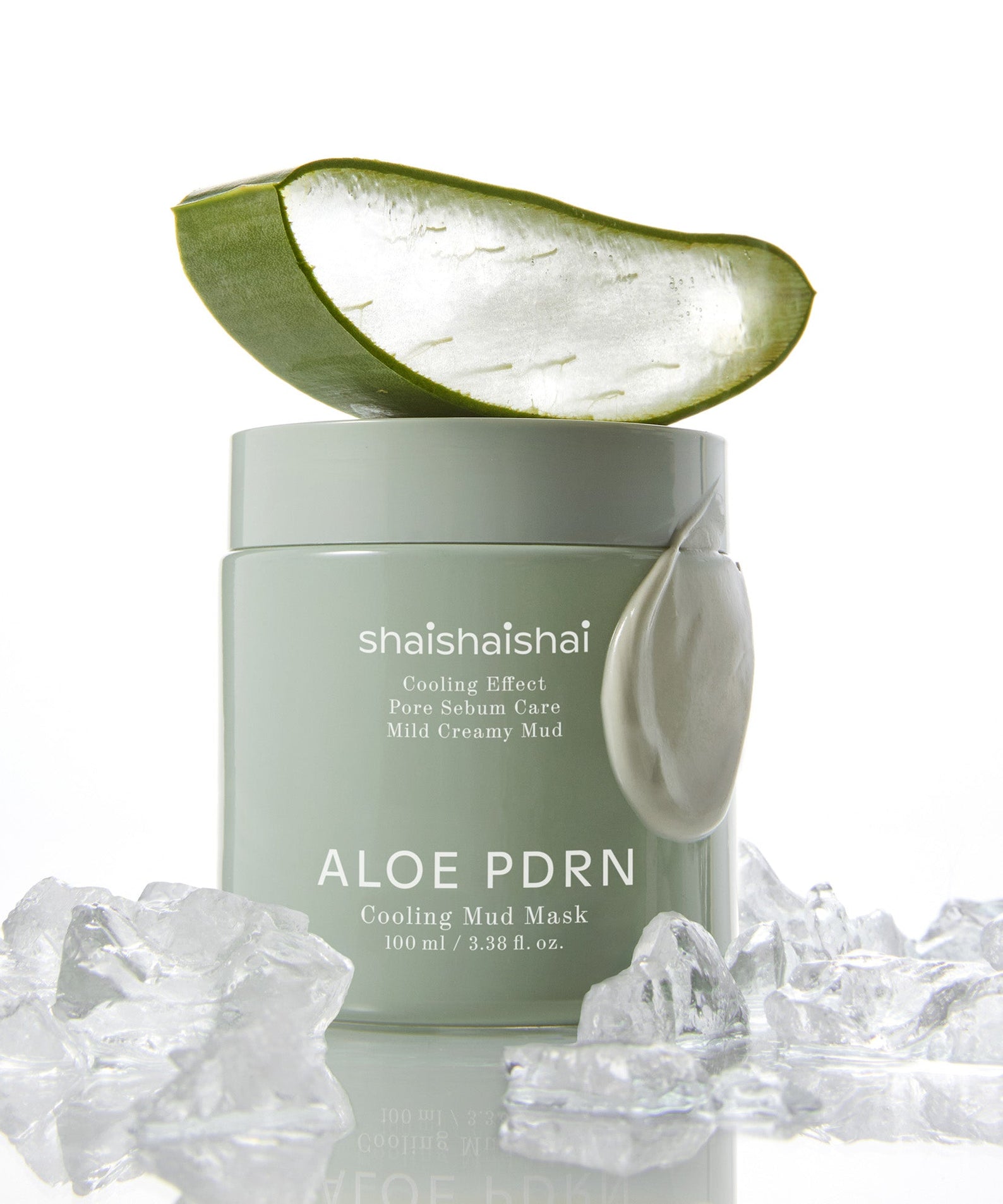 SHAISHAISHAI [1+1]Aloe PDRN Cooling Mud Mask 100ml : pot et gel d’aloé sur fond glace, effet rafraîchissant.