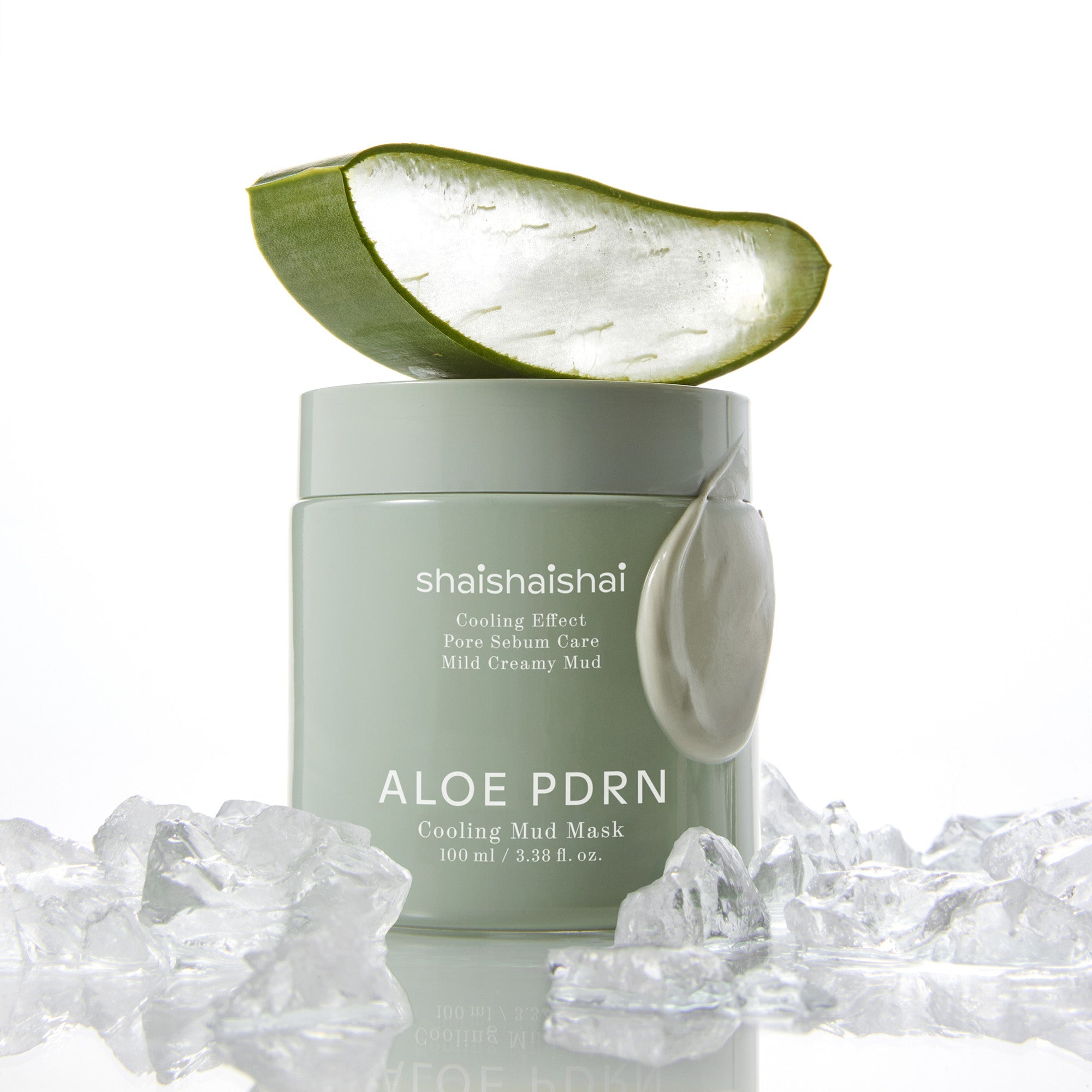 SHAISHAISHAI [1+1]Aloe PDRN Cooling Mud Mask 100ml : pot et gel d’aloé sur fond glace, effet rafraîchissant.