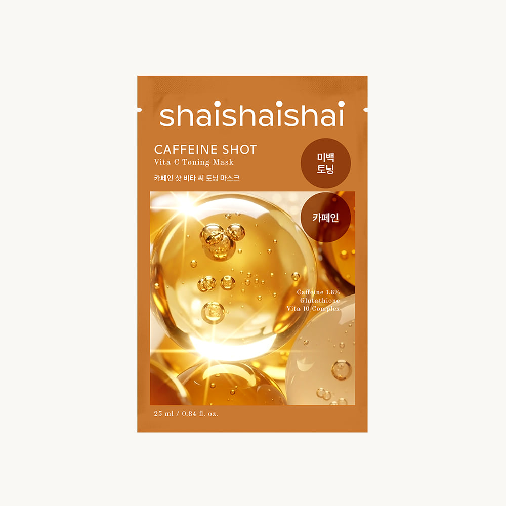 SHAISHAISHAI Caffeine Shot Vita C Toning Mask 25ml 20 sheets, masque facial en feuille, emballage doré sur fond clair.