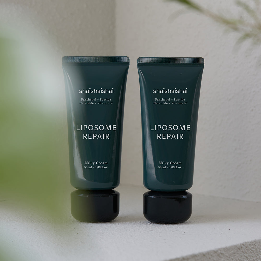 SHAISHAISHAI Liposome Repair Milky Cream 50ml, deux tubes bleu nuit sur fond clair, marque visible, ambiance spa