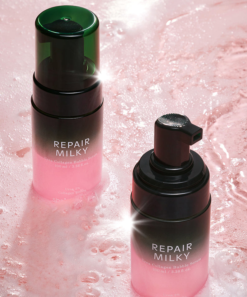 SHAISHAISHAI Repair Milky Urea Glow Bubble Serum 100ml de la marque SHAISHAISHAI, flacons roses sur fond rose pétillant