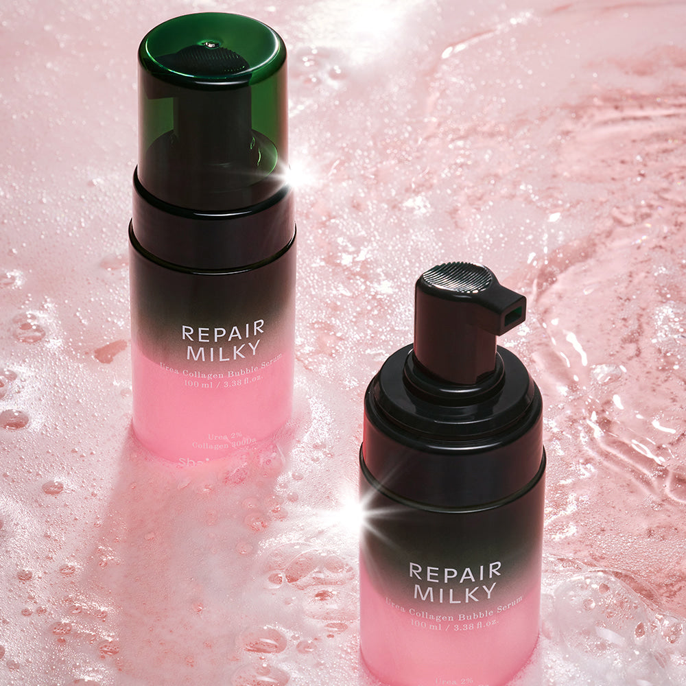 SHAISHAISHAI Repair Milky Urea Glow Bubble Serum 100ml de la marque SHAISHAISHAI, flacons roses sur fond rose pétillant