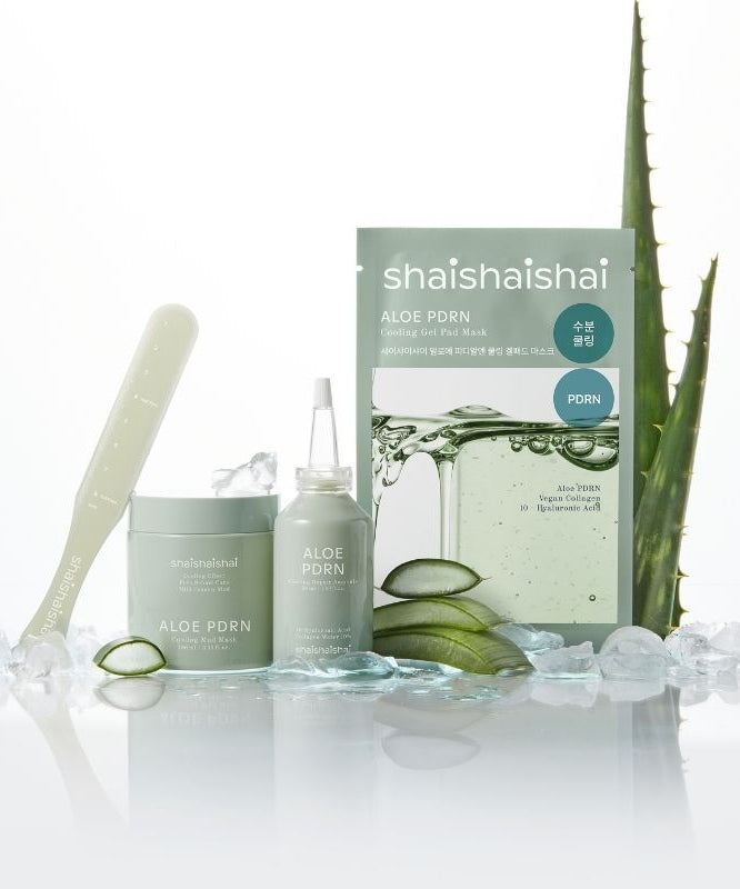 SHAISHAISHAI [10+10]Aloe PDRN Cooling Gel Pads Mask 10 Sheets avec aloe et glaçons en arrière-plan.