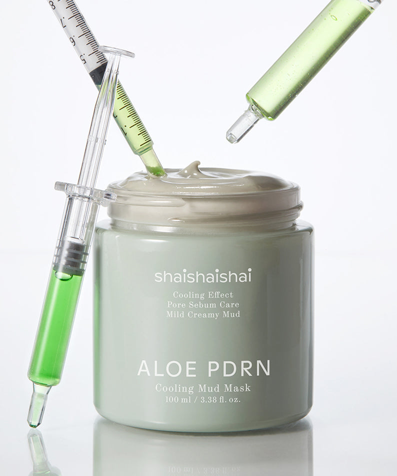 Crème SHAISHAISHAI [1+1]Aloe PDRN Cooling Mud Mask 100ml avec seringues illustrant effets apaisants et hydratants.