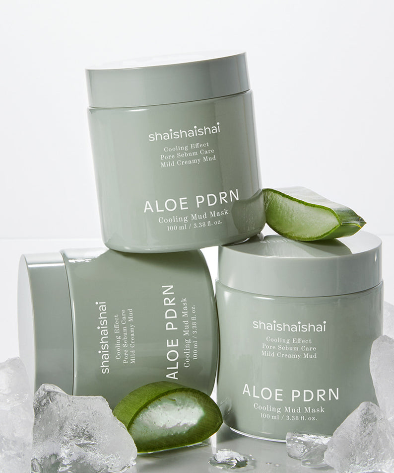 SHAISHAISHAI [1+1]Aloe PDRN Cooling Mud Mask 100ml posés sur glace avec tranches d'aloe vera, emballage gris clair élégant.