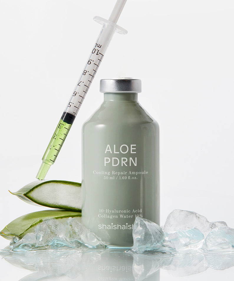 SHAISHAISHAI [1+1] Aloe PDRN Cooling Repair Ampoule 50ml avec seringue sur fond de glace et aloe vera en français.