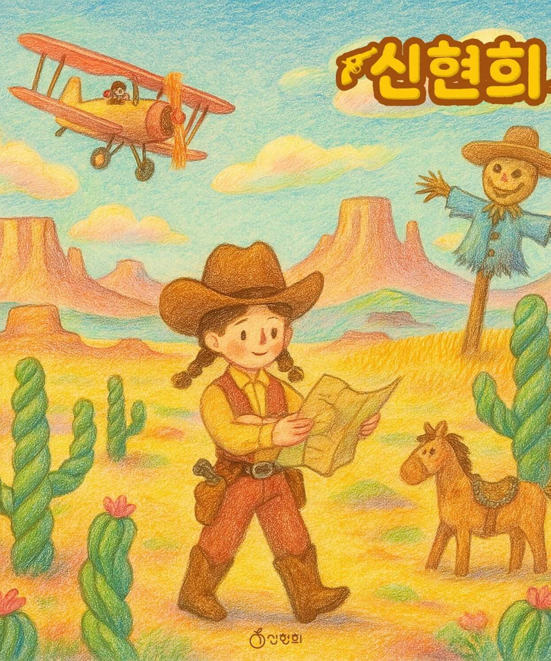 SHIN HYUNHEE - Album Kpop de la marque SHIN HYUNHEE, illustration vintage : cow-boy, avion et désert coloré.