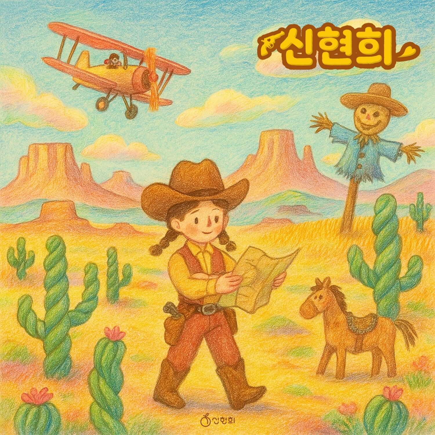 SHIN HYUNHEE - Album Kpop de la marque SHIN HYUNHEE, illustration vintage : cow-boy, avion et désert coloré.