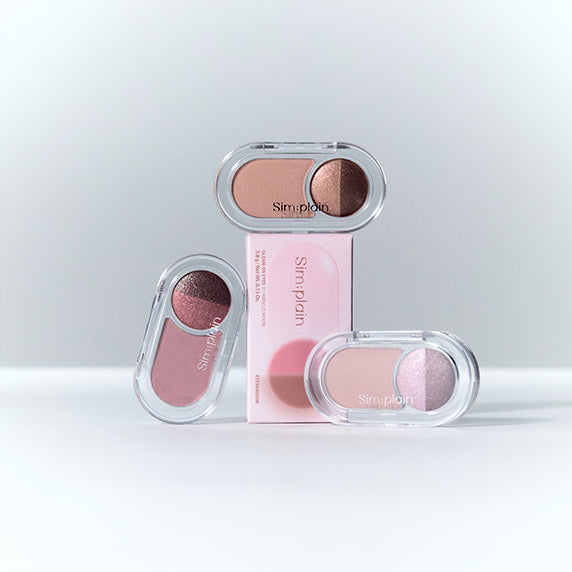 SIMPLAIN Glim on Eyes de la marque Simplio, packaging sur fond clair, ombres à paupières rose et bordeaux