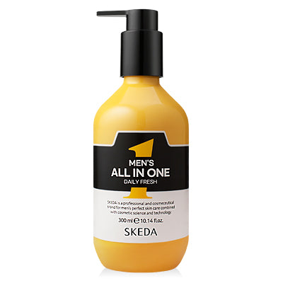 SKEDA Men's All-in-One Daily Fresh 300ml, flacon pompe jaune sur fond blanc, produit de soin homme SKEDA en contexte beauté.