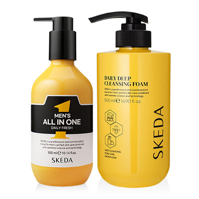 SKEDA Men's Large Capacity (Cleansing Foam+All-in-One) 2 Pieces Set : bouteilles jaunes sur fond blanc, marque SKEDA.