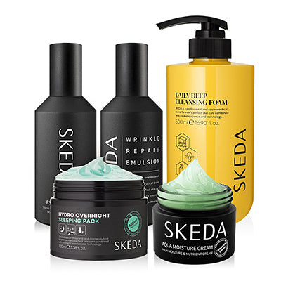 SKEDA Men's Whitteing Wrinkle Improvement (SKin+Lotion)+Moisturizing Cream+Nourishing Sleeping Pack+Large Capacity Cleansing Foam 5 Pieces sur fond blanc