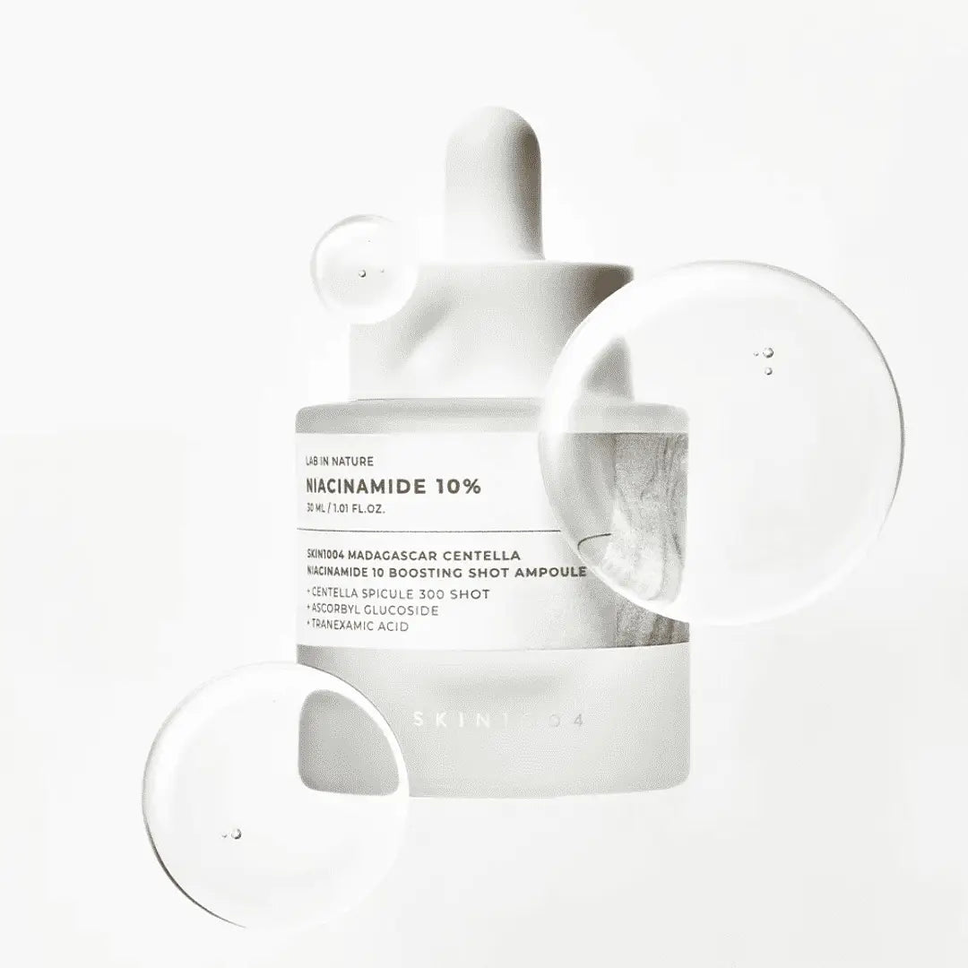 SKIN1004 Madagascar Centella Niacinamide 10 Boosting Shot Ampoule 30ml, flacon sur fond blanc, marque SKIN1004, détail produit.