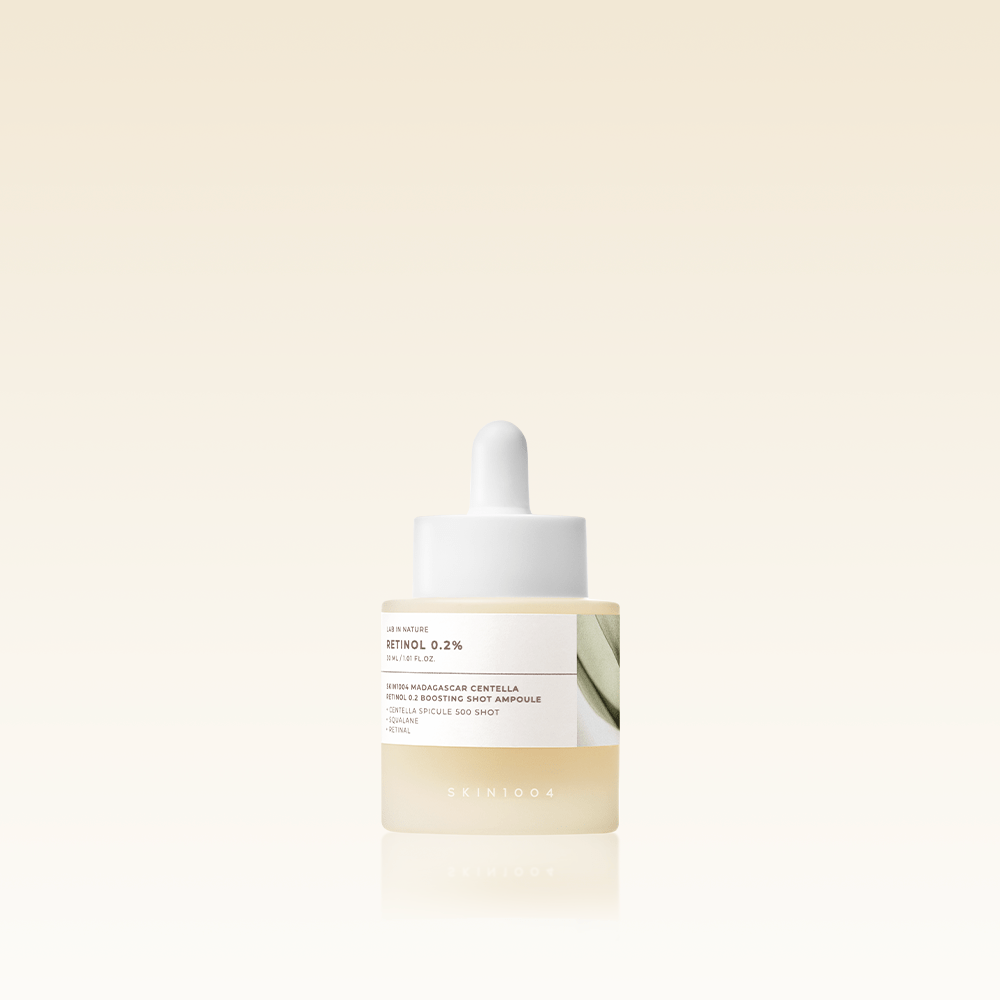 SKIN1004 Madagascar Centella Retinol 0.2 Boosting Shot Ampoule 30ml, flacon blanc sur fond beige, marque SKIN1004