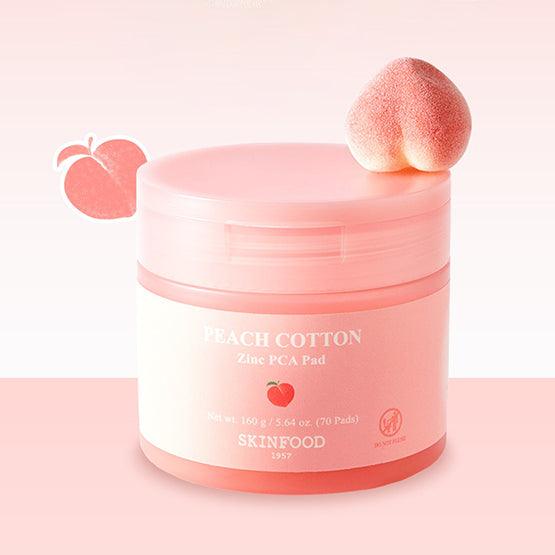 SKINFOOD [NEW] Peachy Zinc PCA Pad 70 sheets, pot rose “Peach Cotton”, éponge/pad sur fond pastel, marque SKINFOOD.