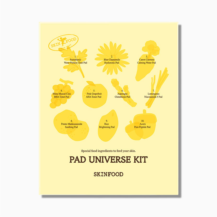 SKINFOOD Universe 10-piece Pad Kit (2 pieces x 10 pieces) : visuel pack jaune « Pad Universe Kit » sur fond clair.
