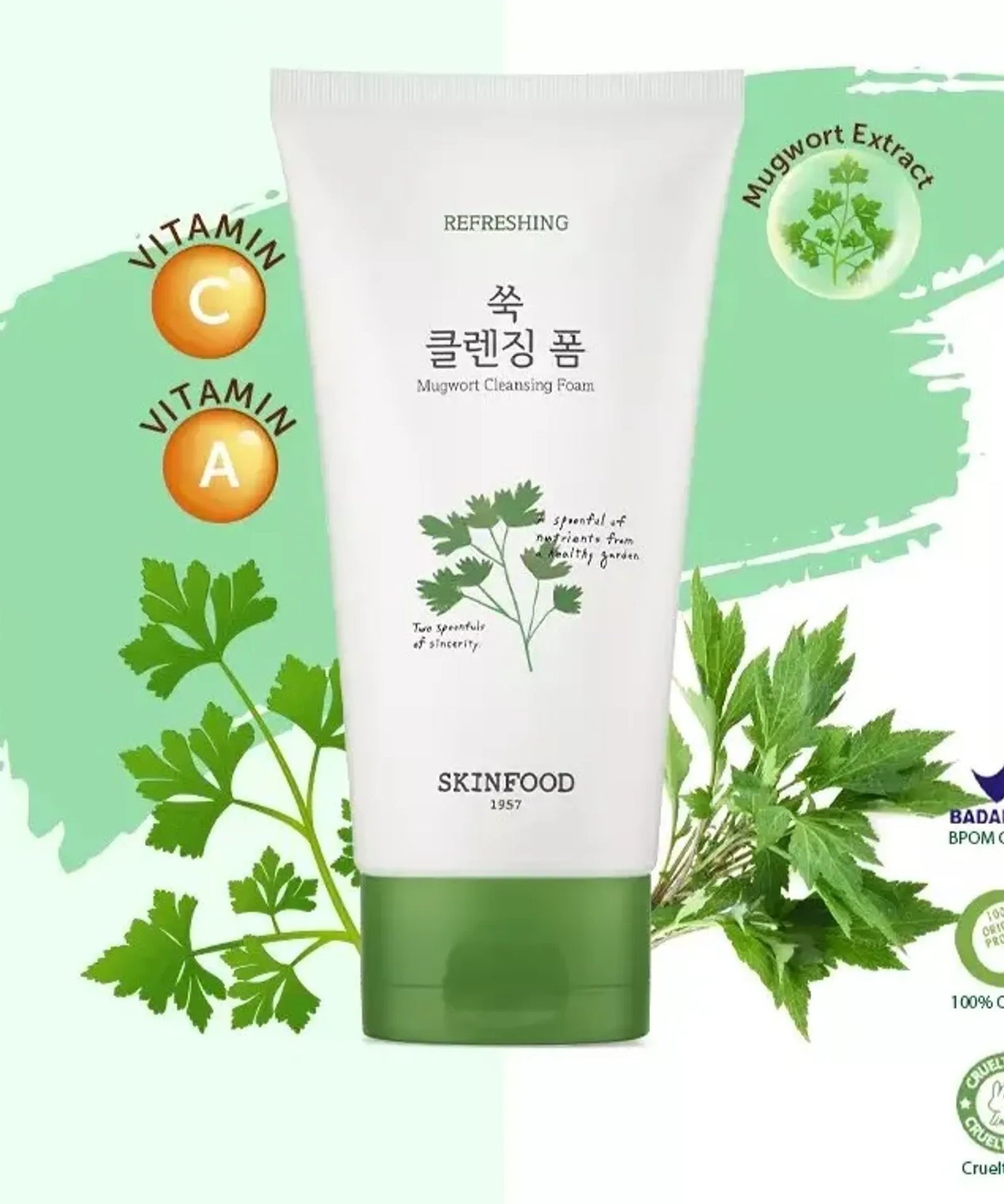 SKINFOOD Veggie Garden Mugwort Cleansing Foam 150ml de SKINFOOD, mousse nettoyante verte sur fond frais botanique