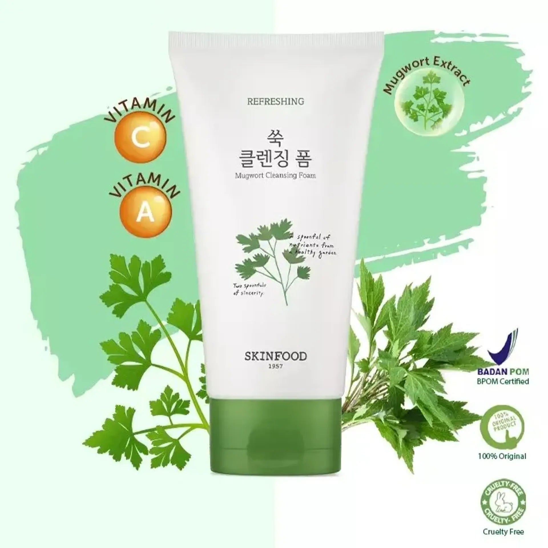 SKINFOOD Veggie Garden Mugwort Cleansing Foam 150ml de SKINFOOD, mousse nettoyante verte sur fond frais botanique