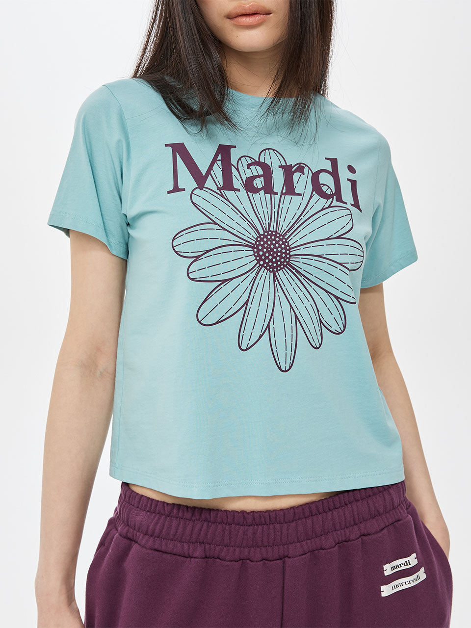 SLIM TSHIRT FLOWERMARDI_MINT PLUM Mardi Mercredi t-shirt slim bleu menthe à fleurs violet, style chic décontracté
