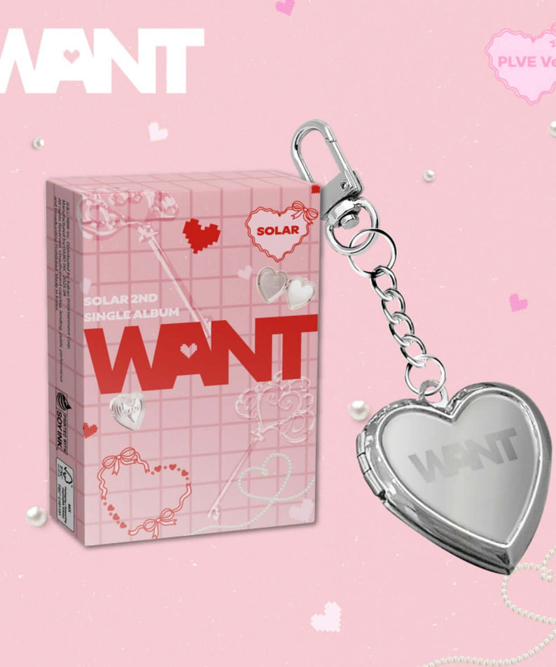 SOLAR (MAMAMOO) - 2nd Single Album [WANT] (PLVE Ver.) - Album Kpop : boîte rose WANT et porte-clés cœur.