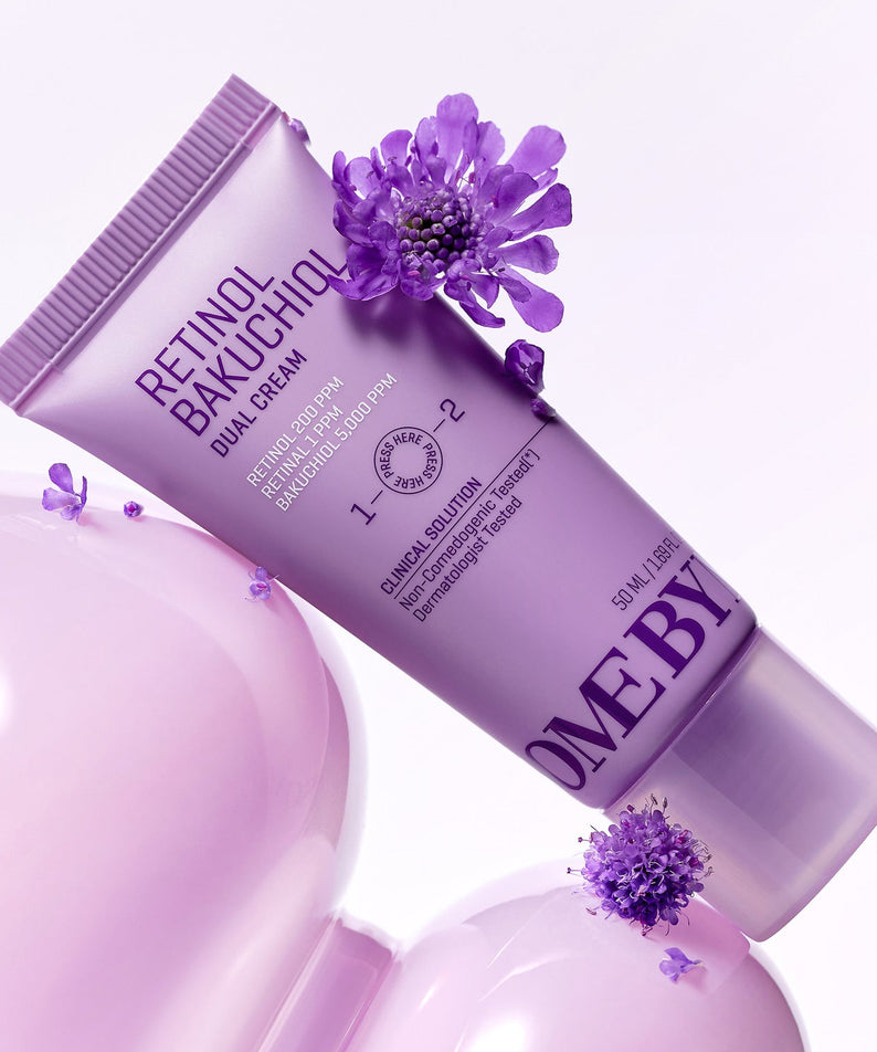 Crème SOMEBYMI Retinol Bakuchiol Dual 50ml, soin visage avec fleurs violettes.