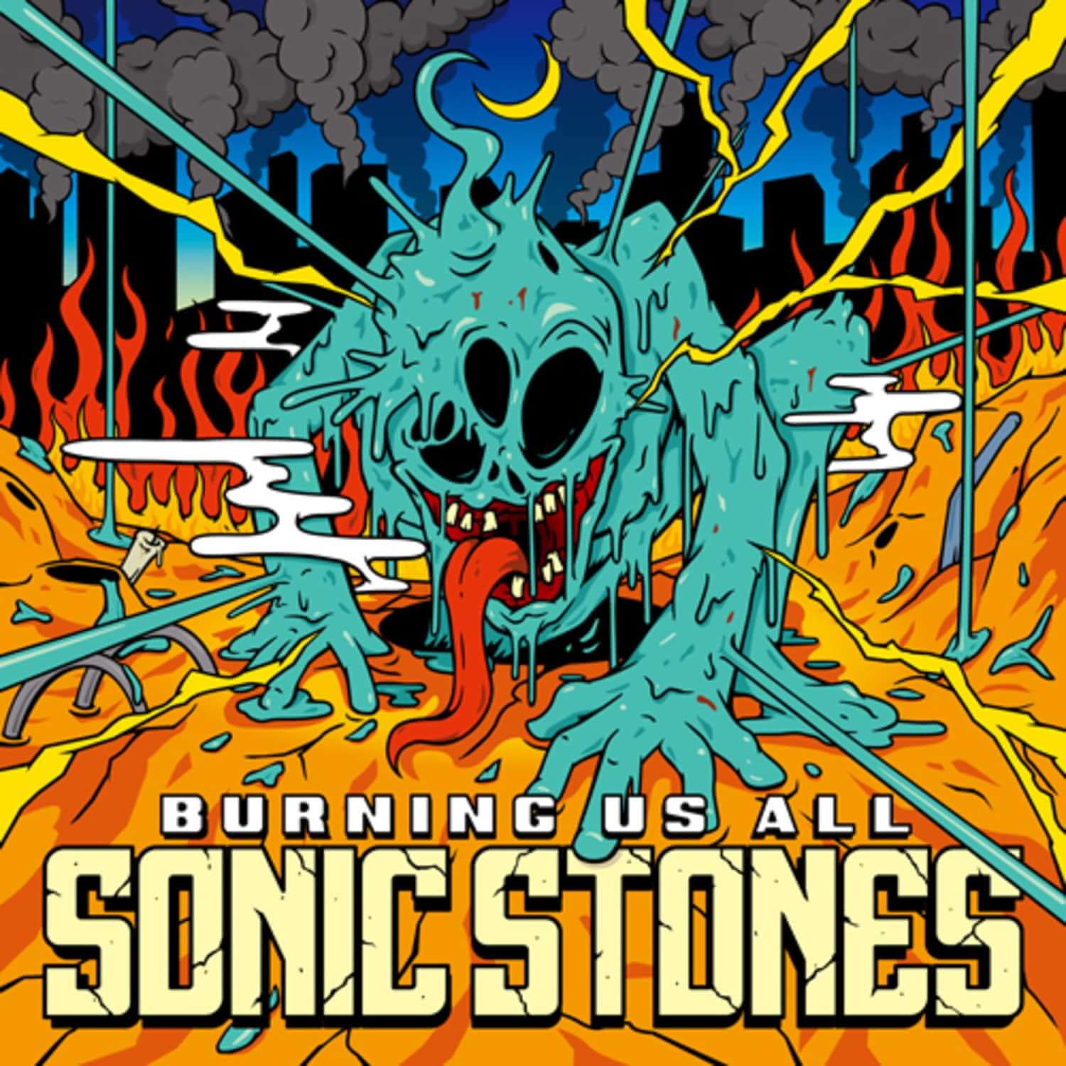 SONIC STONES - [BURNING US ALL] - Album Kpop : pochette avec crâne fumée, flammes et fumée, style graphique coloré