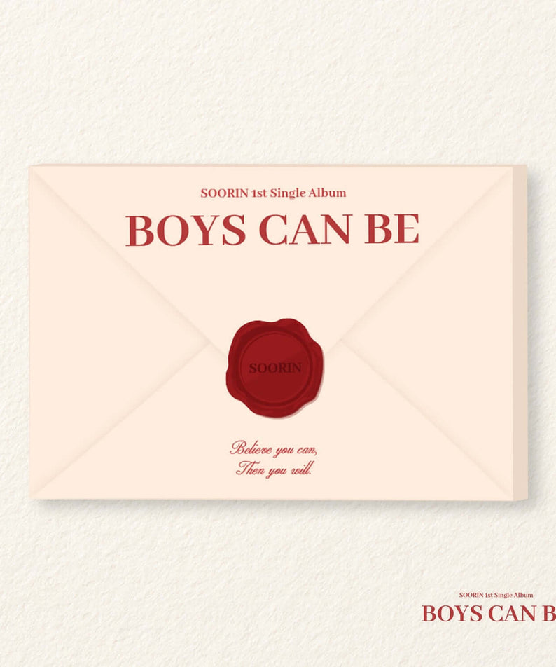 SOORIN - 1st Single Album [Boys Can Be] - Album Kpop : pochette beige et rouge, en face, style K-pop sur fond clair.