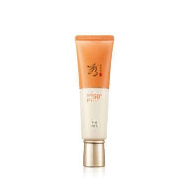 SOORYEHAN Bi-Cheok-Ja-Den Sunscreen 50ml, tube crème solaire orange/blanc sur fond blanc, marque Sooryehan