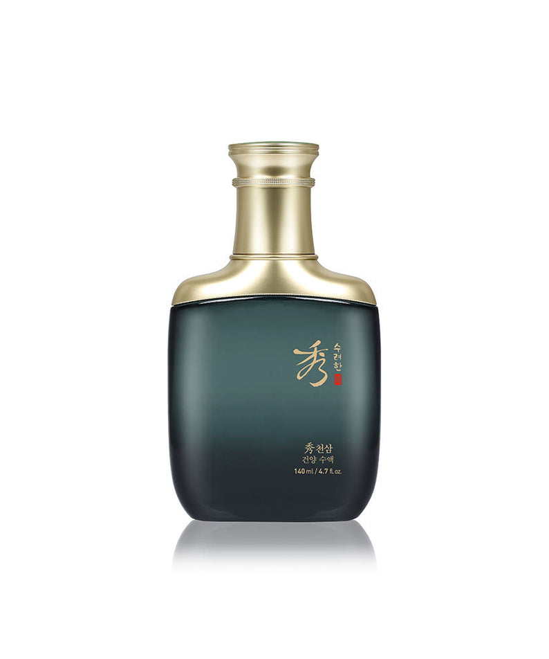 Photo du produit SOORYEHAN Cheonsam Geonyang Sap 140ml, flacon doré et noir, fond blanc, marque SOORYEHAN