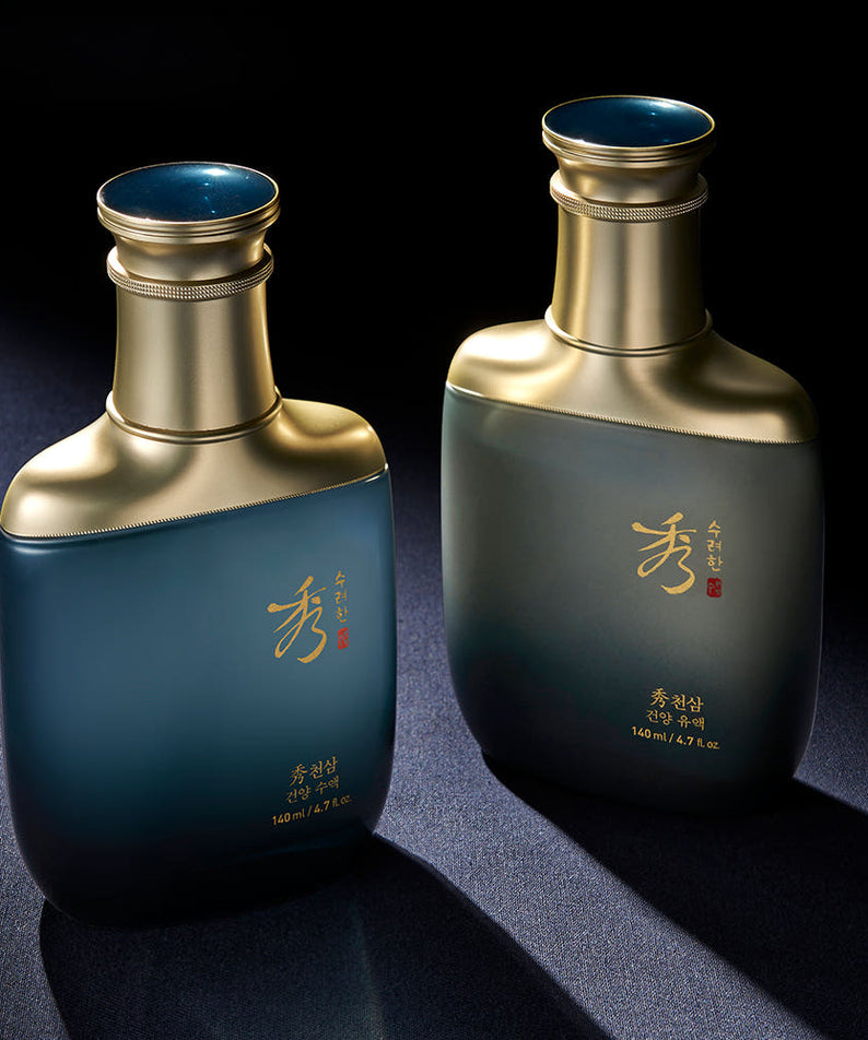 SOORYEHAN Cheonsam Geonyang Sap 140ml, deux flacons dorés et bleus sur fond sombre, marque SOORYEHAN visible.