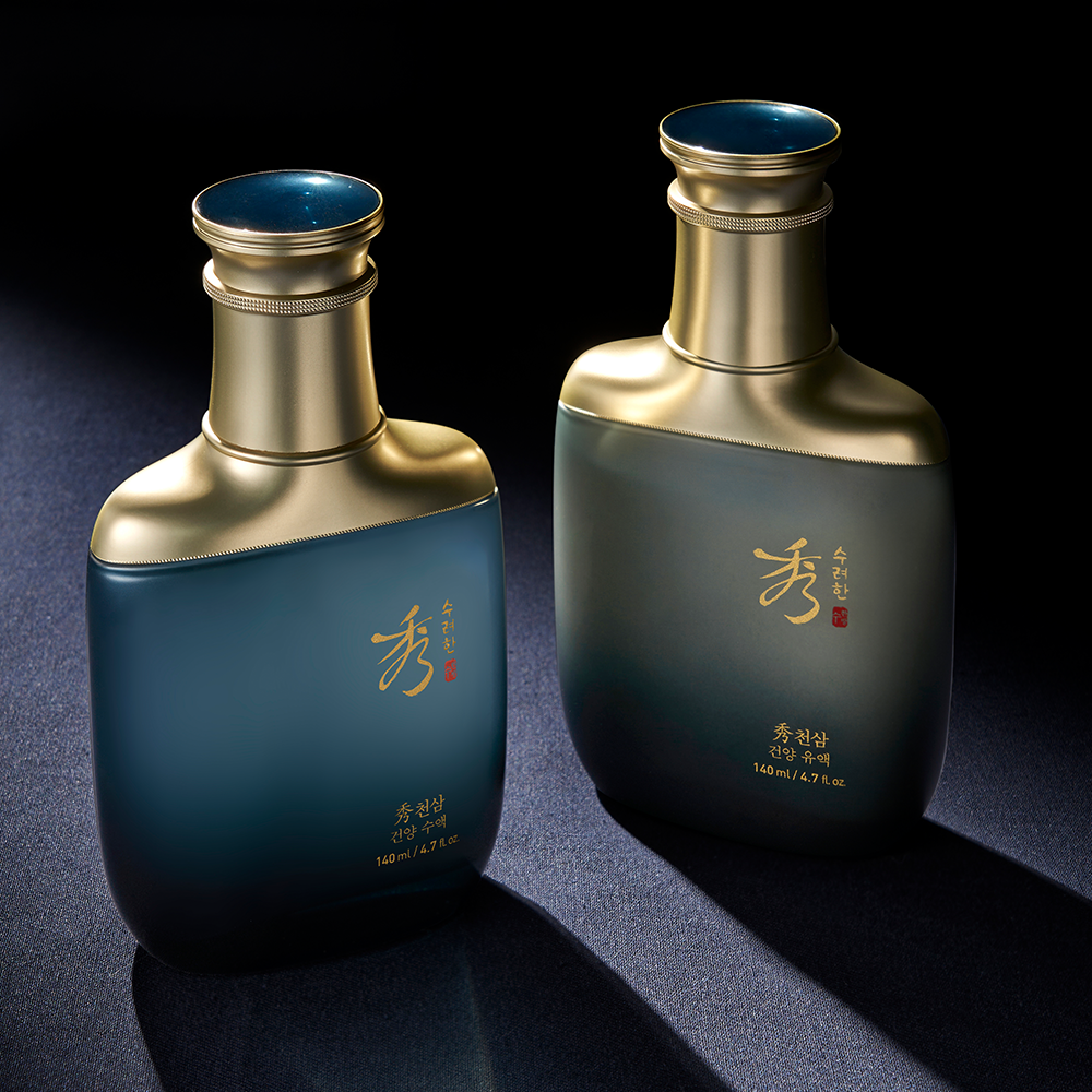 SOORYEHAN Cheosam Geonyang Yuyeok 140ml : deux flacons dorés et bleus sur fond noir, marque visible