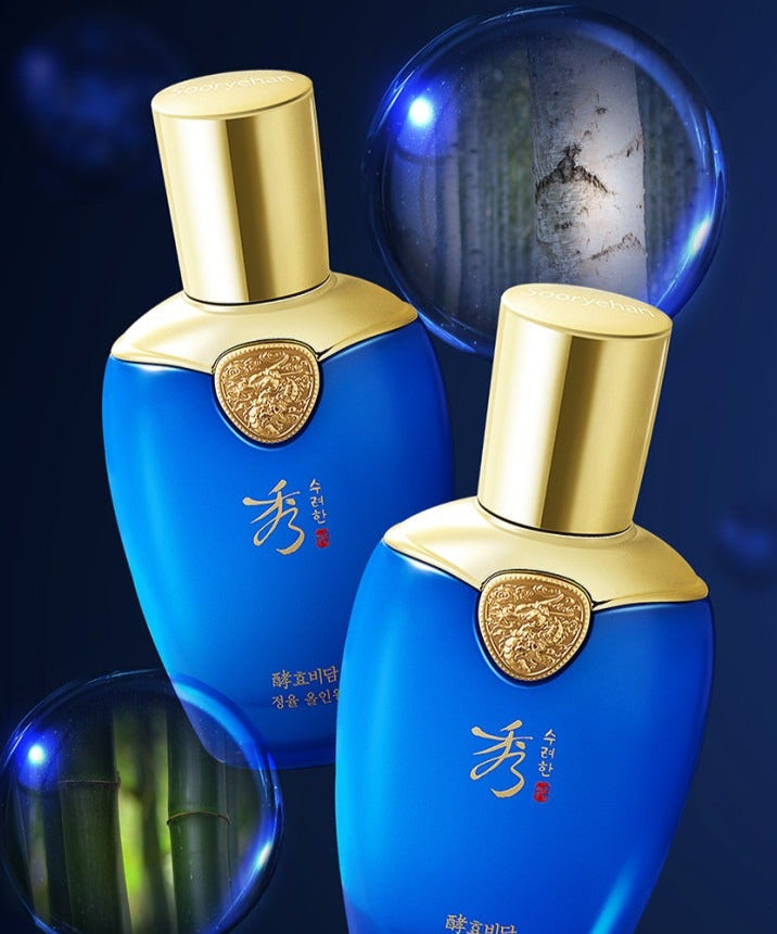 SOORYEHAN Hyobidam Jeongyul All-in-One 100ml, flacons bleus et or sur fond bleu, style premium, marque SOORYEHAN.
