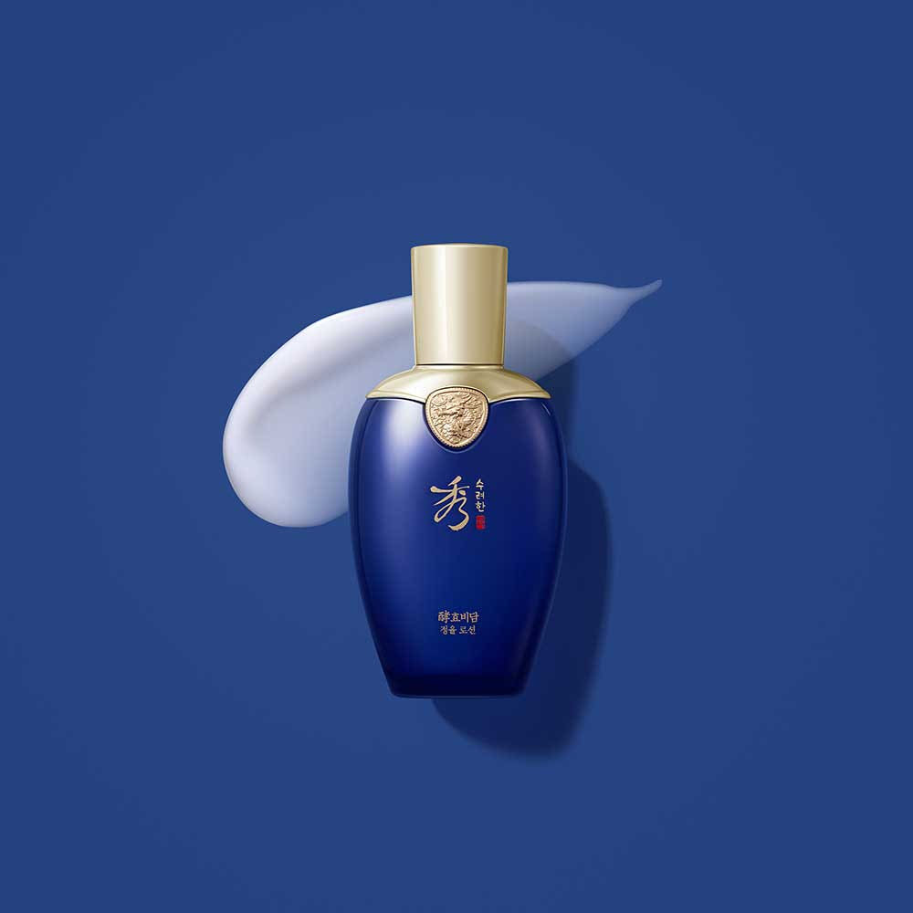 SOORYEHAN Hyobidam Jeongyul Lotion 130ml de marque SOORYEHAN, flacon bleu sur fond bleu, contexte visuel produit