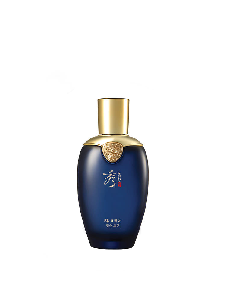 SOORYEHAN Hyobidam Jeongyul Lotion 130ml : flacon bleu avec bouchon doré, fond blanc, produit de beauté.