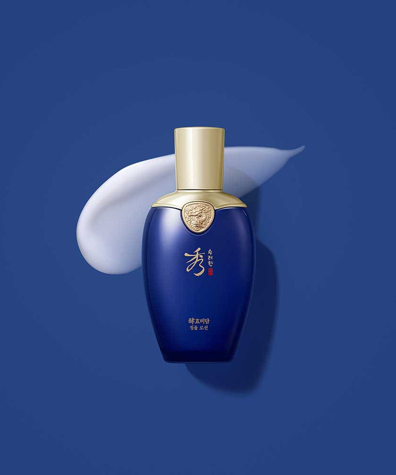 SOORYEHAN Hyobidam Jeongyul Skin 150ml, bouteille bleue et crème blanche sur fond bleu, marque SOORYEHAN