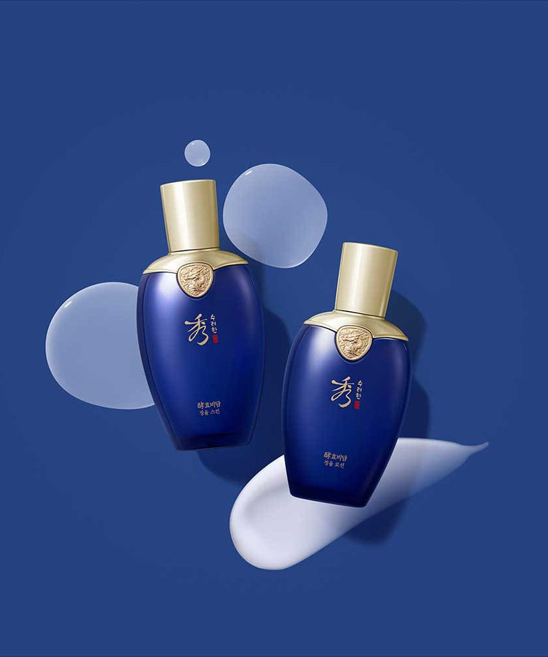 SOORYEHAN Hyobidam Jeongyul Skin 150ml de la marque Sooryehan, bouteilles bleues sur fond bleu avec gouttes et textures.