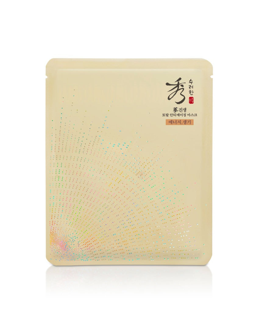 SOORYEHAN Jinseng Total Anti-Aging Mask 1 Sheet de la marque SOORYEHAN, masque facial en sachet beige sur fond blanc.