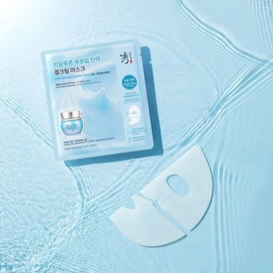 SOORYEHAN Moisture Spring Hyaluronic Gel Cream Mask 1 Sheet : masque hydratant de la marque SOORYEHAN, sur fond bleu.