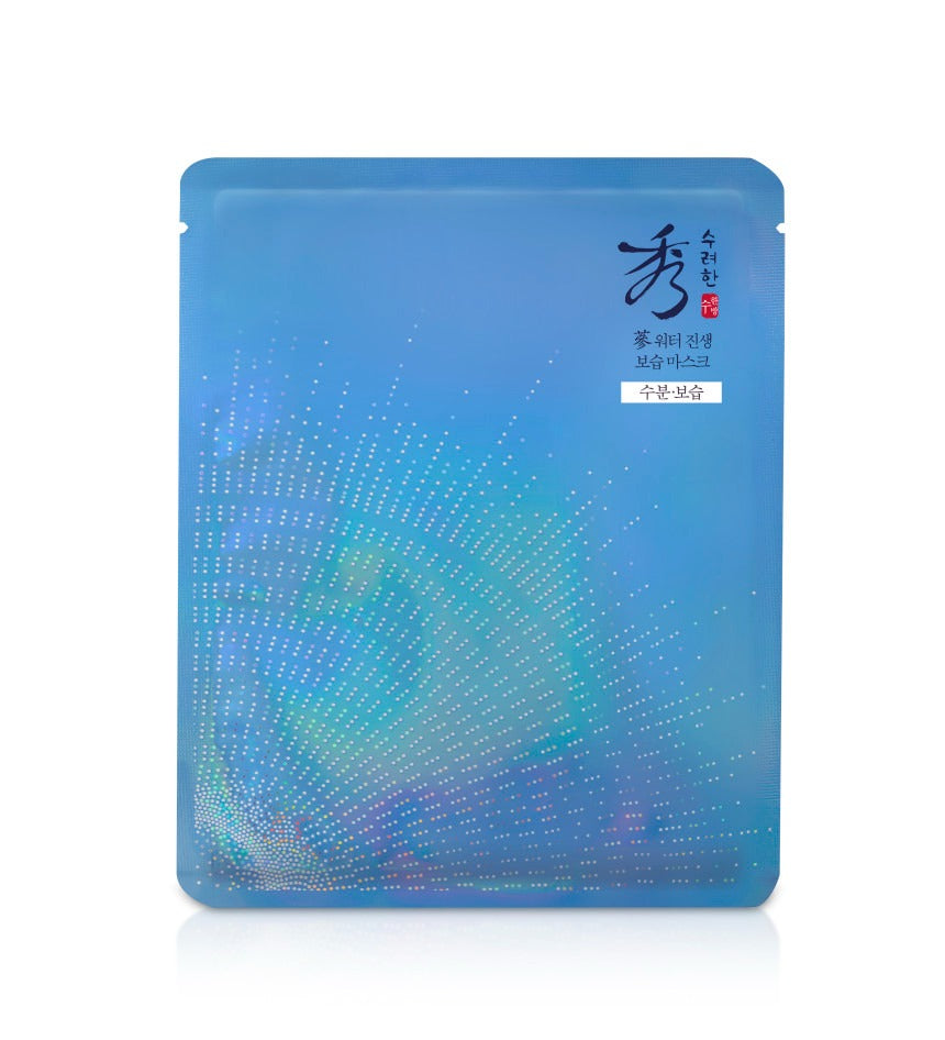 SOORYEHAN Water Ginseng Moisturizing Mask 1 Sheet, masque tissu sur fond blanc, pack bleu à motifs ginseng.