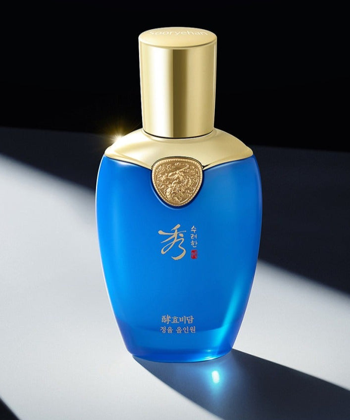 SOORYEHAN Hyobidam Jeongyul All-in-One 100ml, soin coréen luxe en flacon bleu et or sur fond lumineux