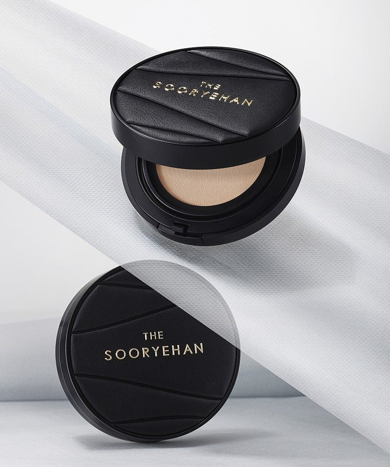 SOORYEHAN The Black Tension Fit Mesh Cushion 13g, élégante poudre compacte en écrin noir, vue supérieure et intérieure.